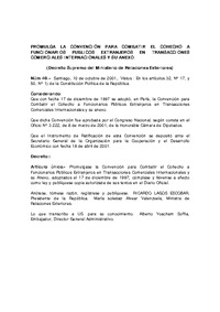 Decreto Aprobatorio por Chile de la Convención para combatir el cohecho a funcionarios públicos extranjeros