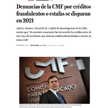 Denuncias de la CMF por créditos fraudulentos o estafas se disparan en 2021 (21/12/2021 - La Tercera - Pulso)